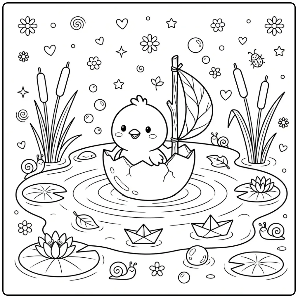 Schattige kleurplaat kuiken in ei varend als bootje.