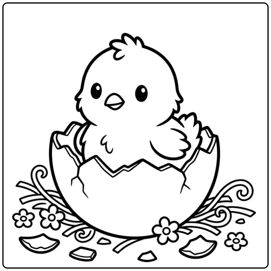 Schattige kleurplaat kuiken in ei met bloemen en stro.