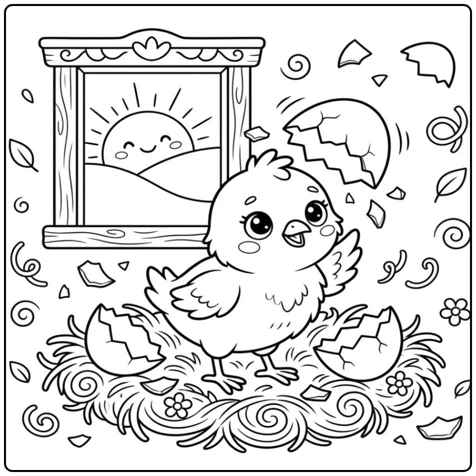 Schattige kleurplaat kuiken uit ei met eierschaal op kop.