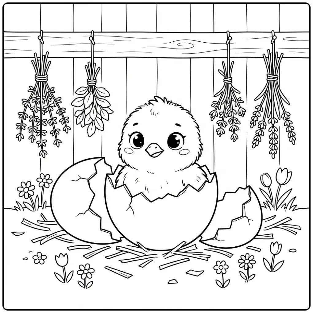 Schattige kleurplaat kuiken uit ei tussen de lentebloemen.