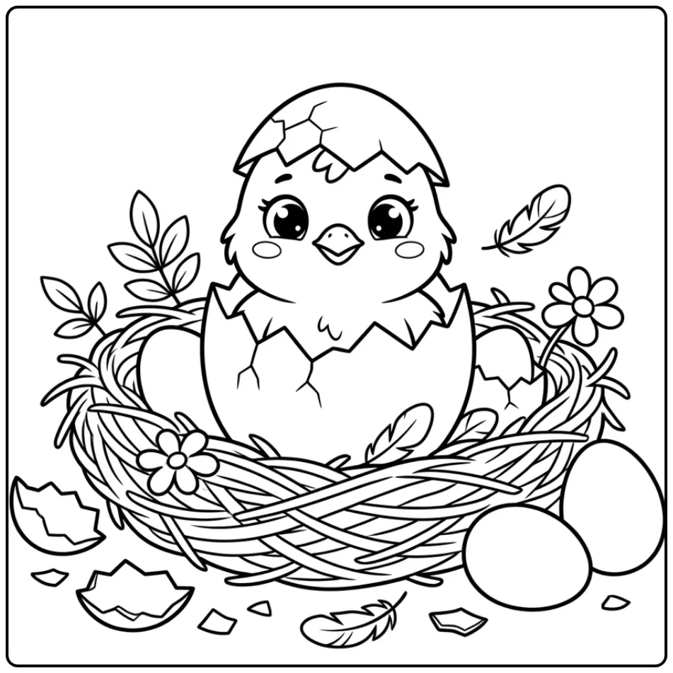 Mooie kleurplaat kuiken uit ei met scherven en veren.