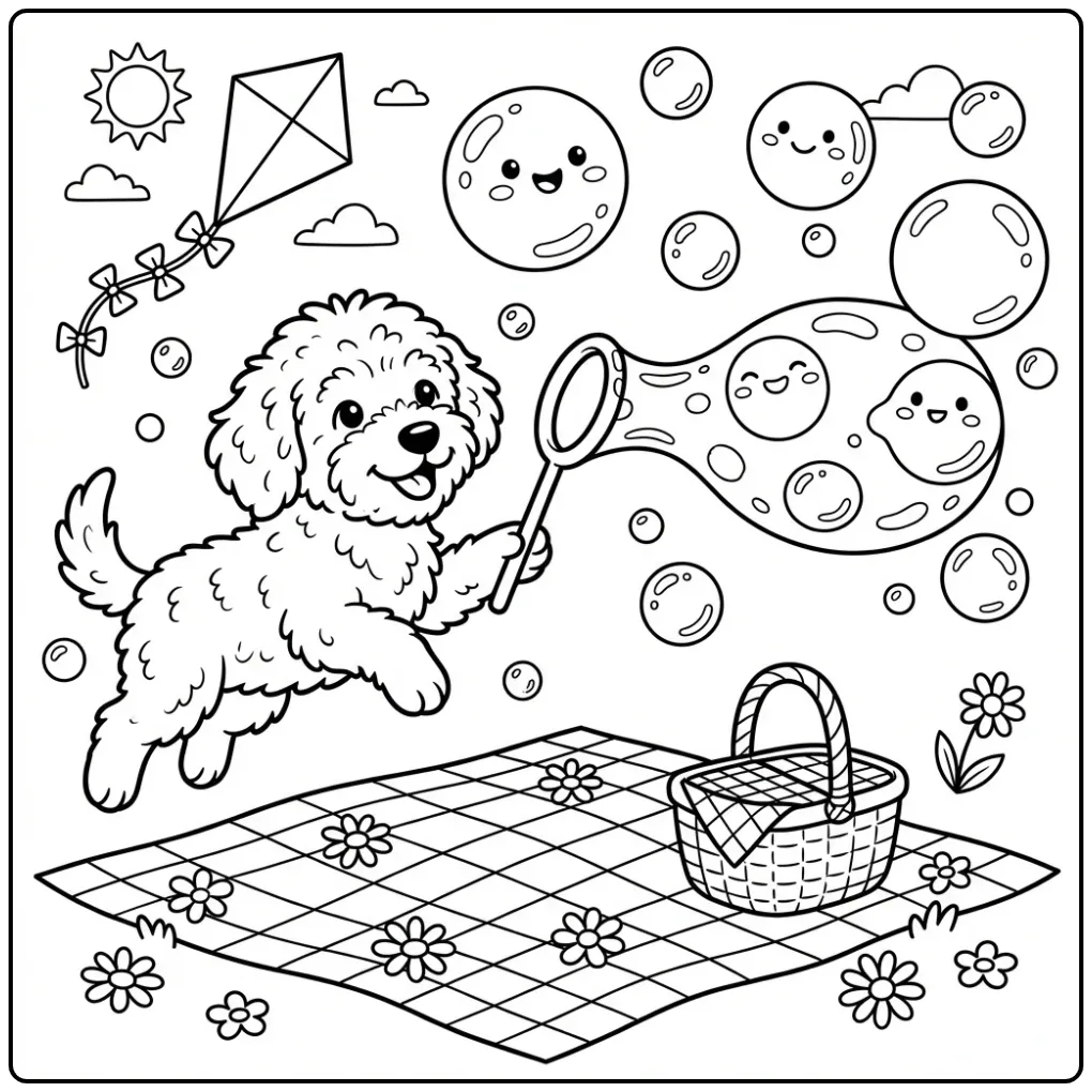 Schattige puppy vangt bellen op deze kleurplaat labradoodle