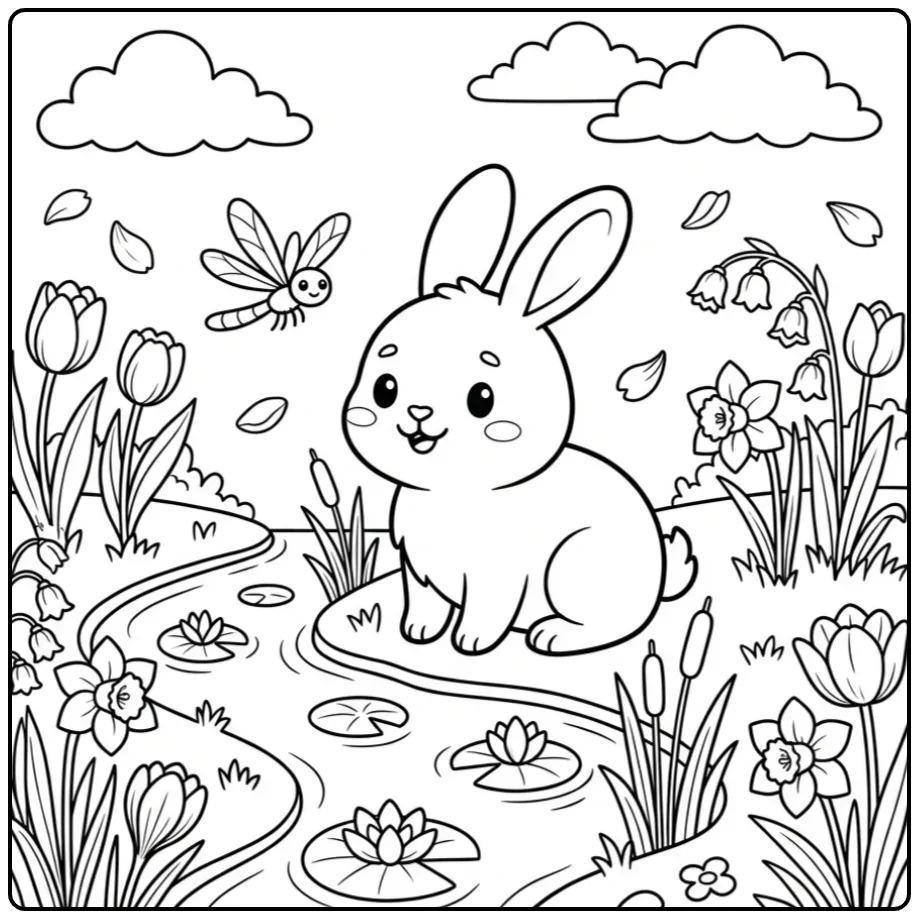 Schattige kleurplaat lente konijn bij een beekje met bloemen.