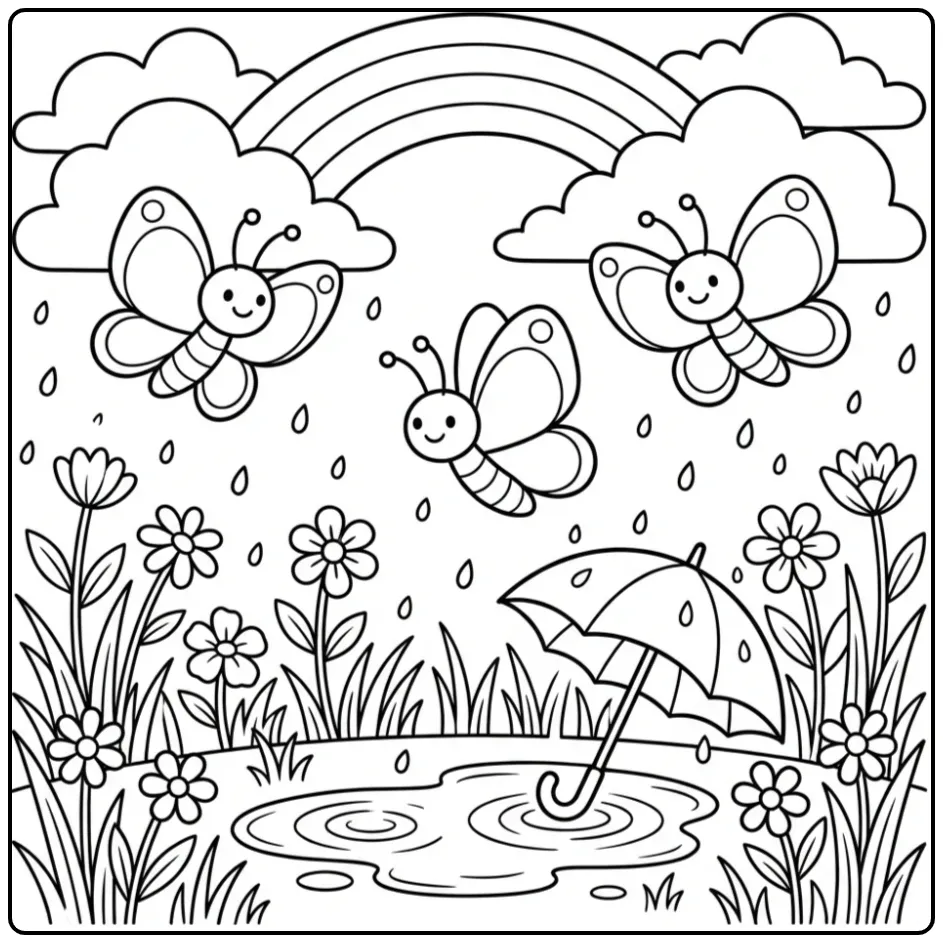 Leuke kleurplaat lente vlinder met regenboog en bloemen.