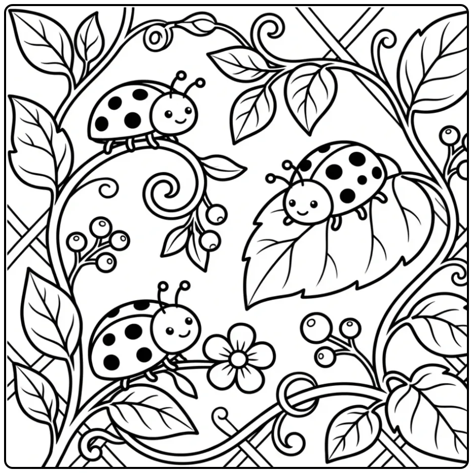 Leuke kleurplaat lieveheersbeestje op een tuinhekje.