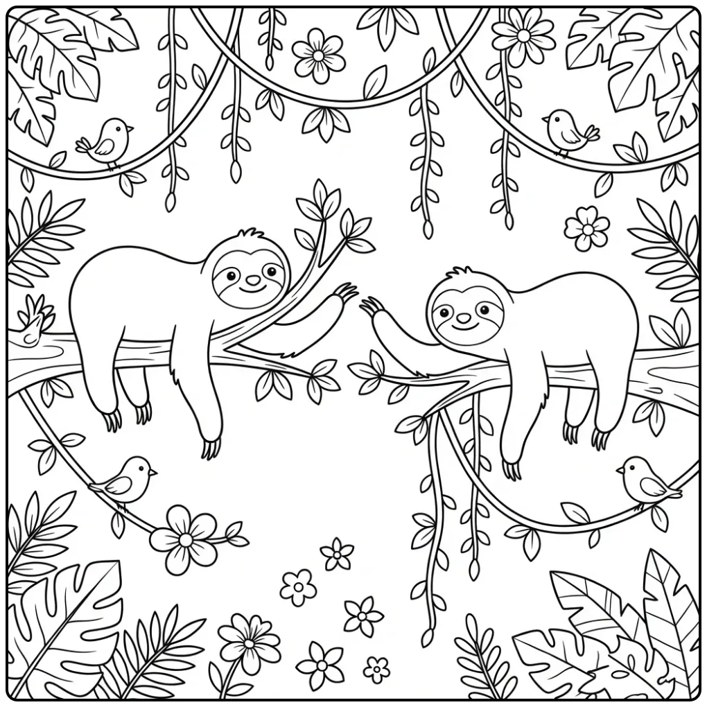 Schattige kleurplaat luiaard met twee groetende vrienden.