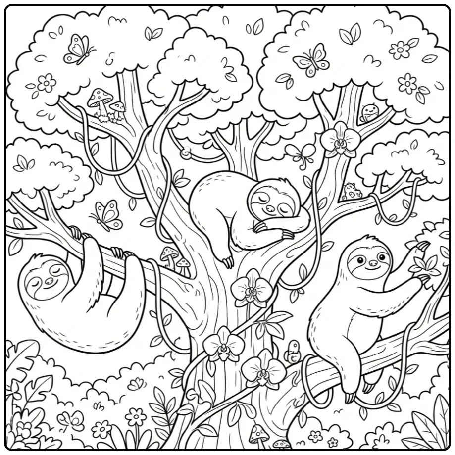Schattige kleurplaat luiaard met vriendjes in een boom.