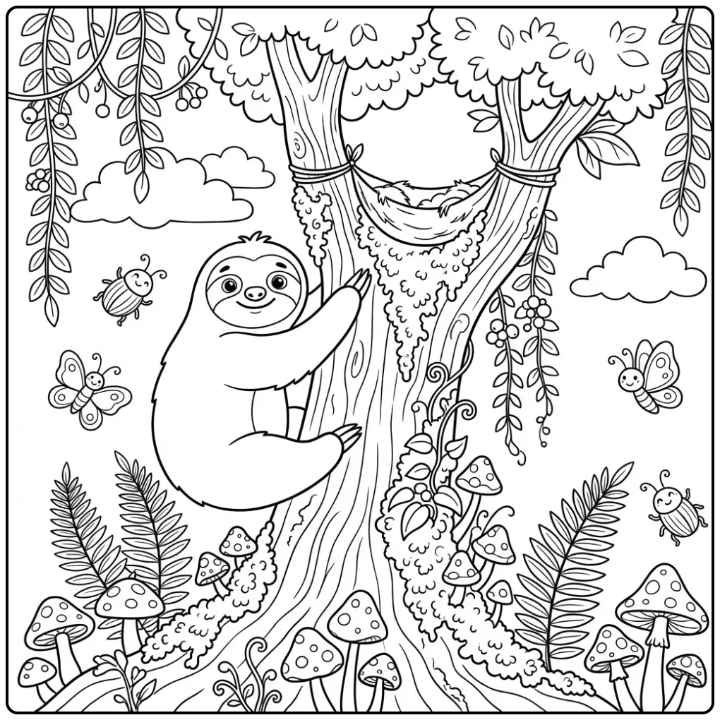 Een schattige kleurplaat luiaard die in een boom klimt.