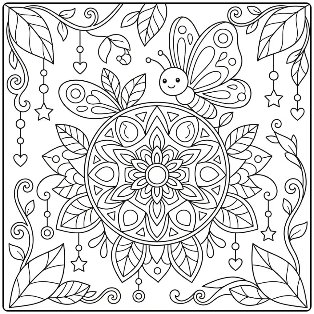 Schattige kleurplaat mandala vlinder boven bloemen in tuin.