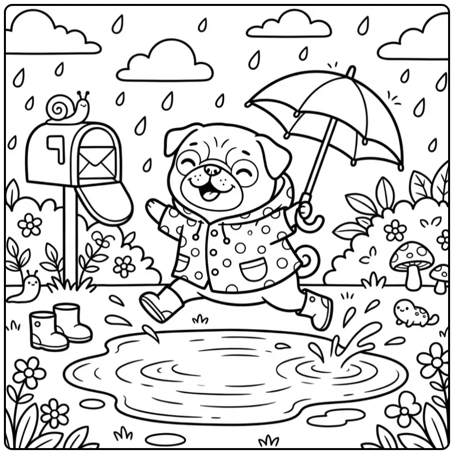 Schattige kleurplaat mopshond in regenjas springt in de plas