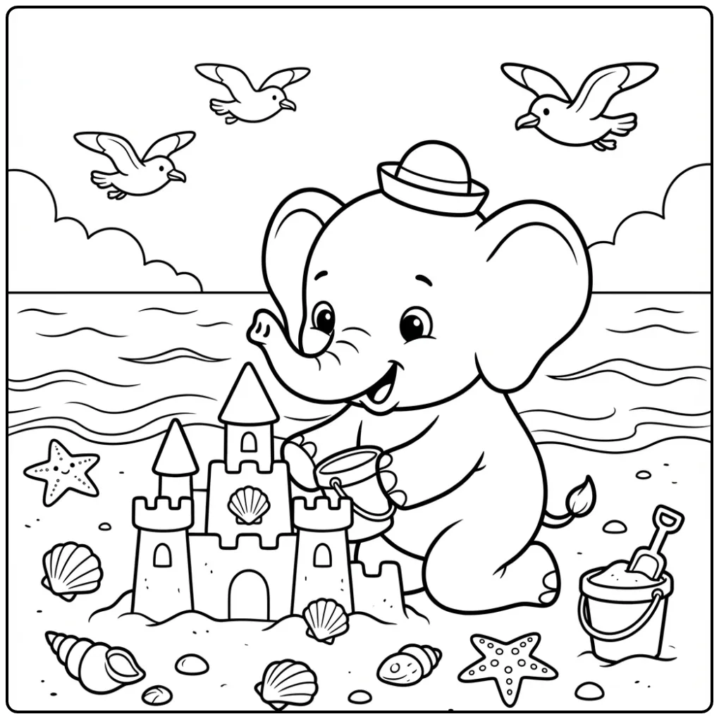 Schattige kleurplaat olifant bouwt een zandkasteel op het strand.