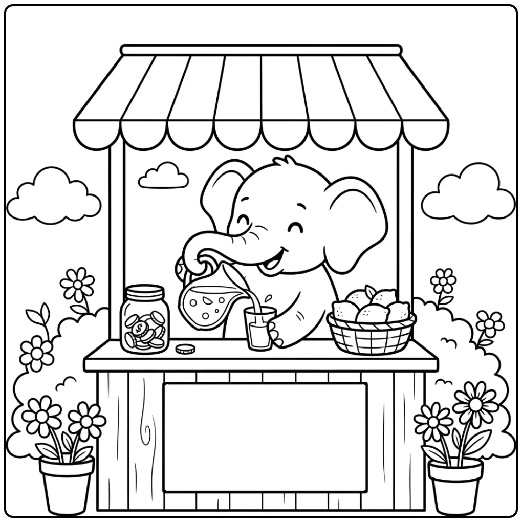 Een schattige kleurplaat olifant verkoopt verse limonade.