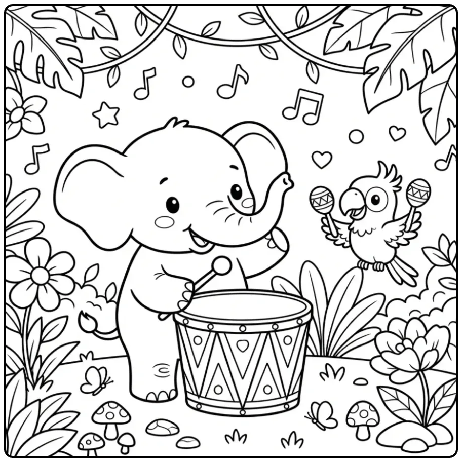 Schattige kleurplaat olifant speelt op een grote trommel.