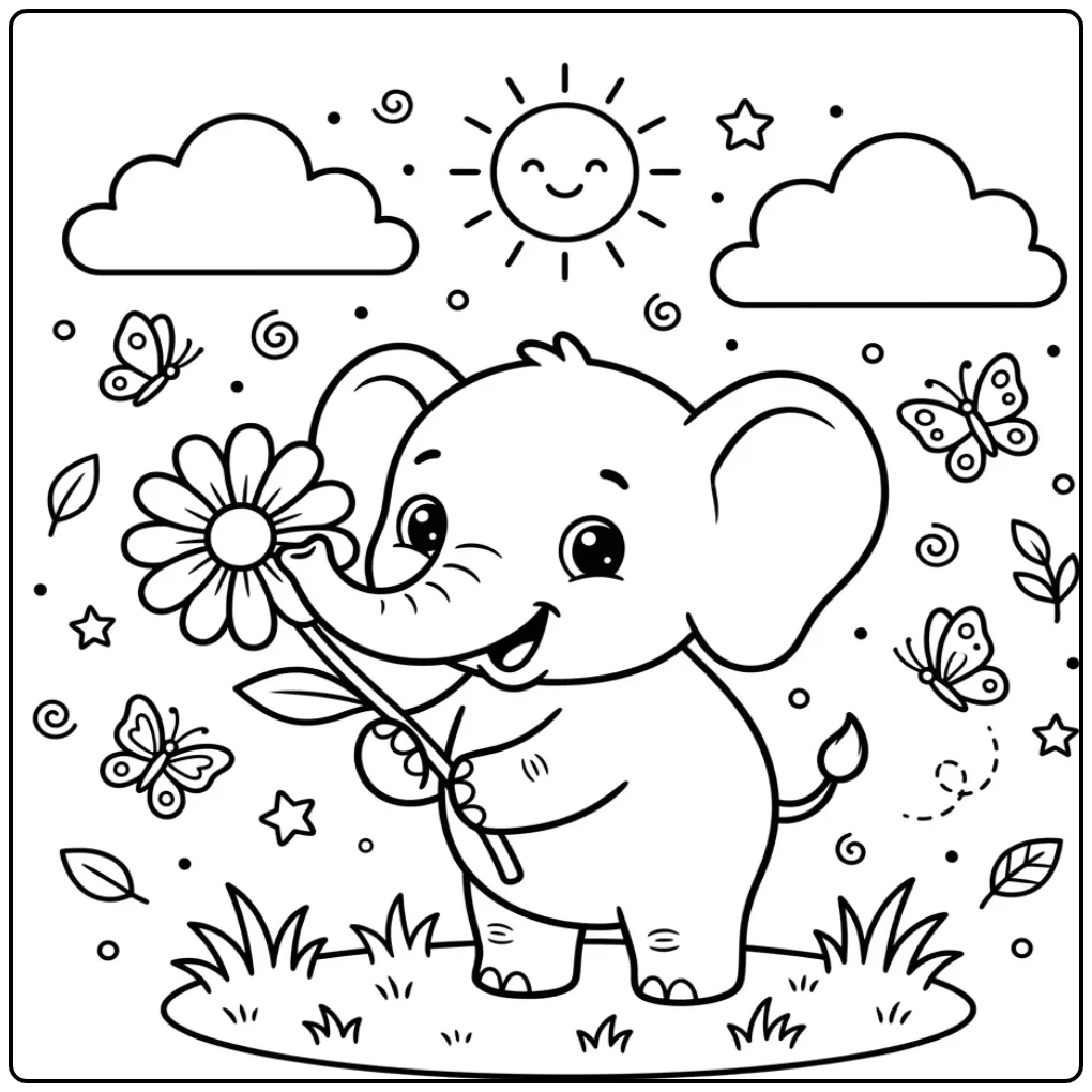 Schattige baby kleurplaat olifant makkelijk met grote bloem.