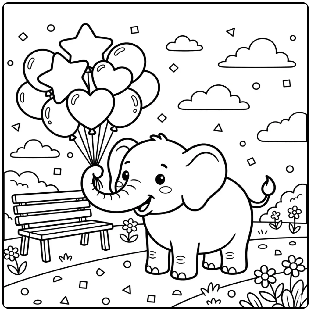 Een schattige kleurplaat olifant met ballonnen in het park.