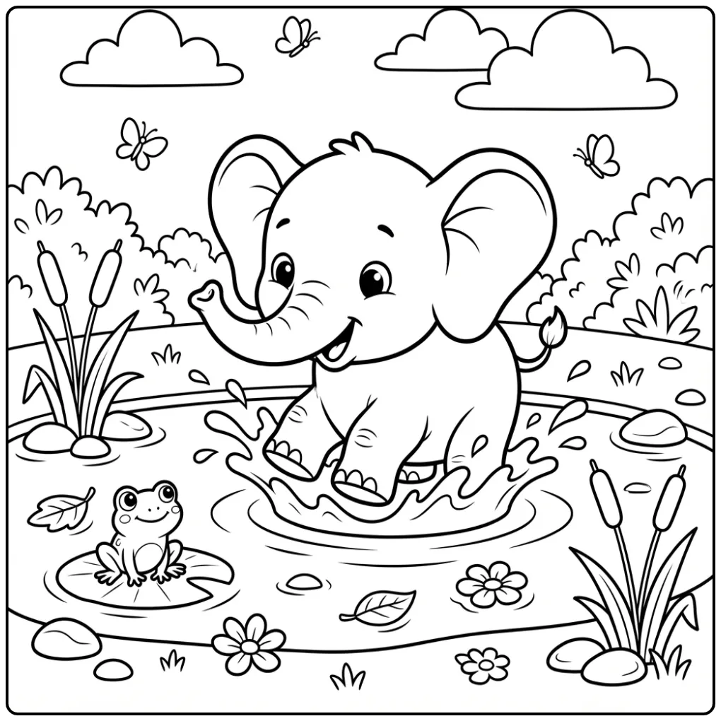 Schattige kleurplaat olifant spelend in een waterplas.