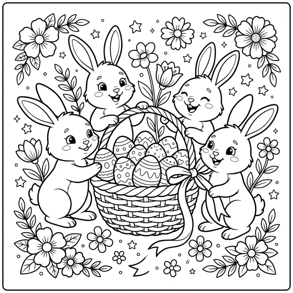 Kleurplaat paashaas met eieren en vier konijnen bij mandje