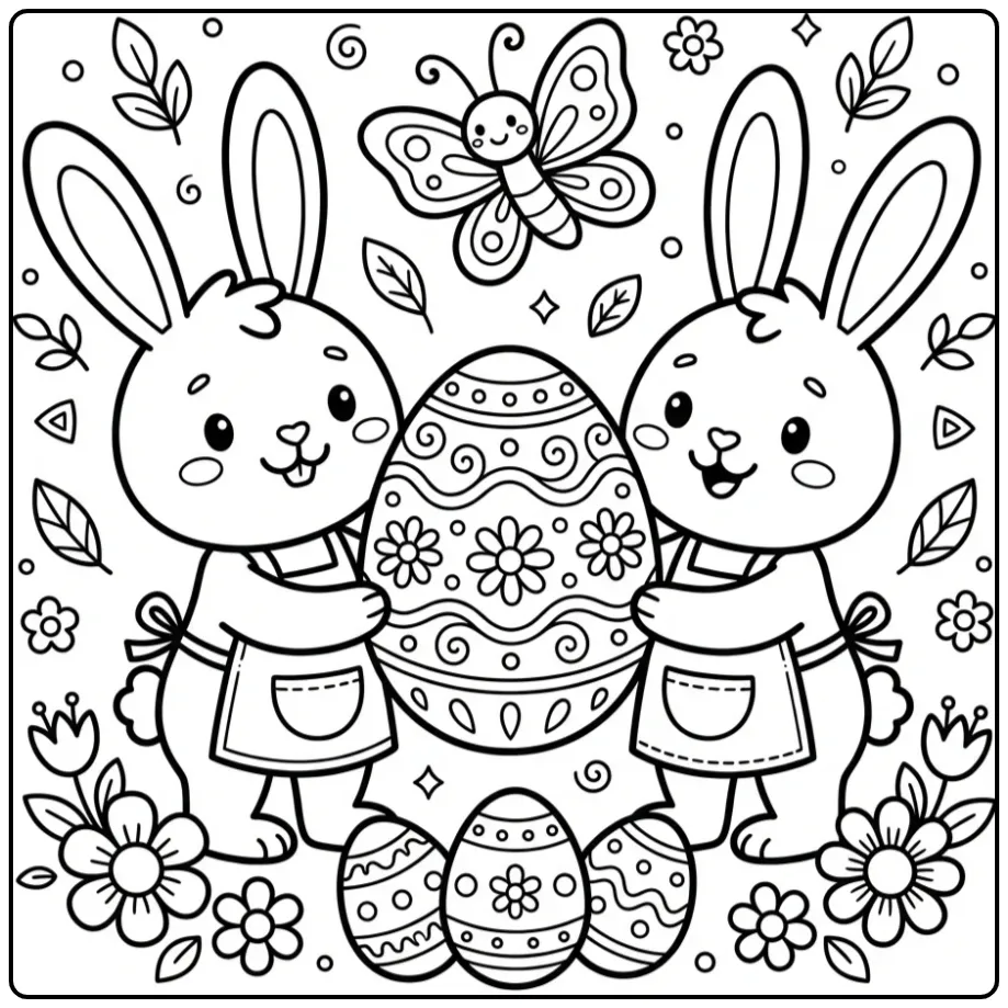 Schattige kleurplaat paashaas met eieren en groot ei.