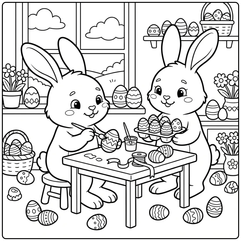 Schattige kleurplaat paashaas met eieren aan tafel.