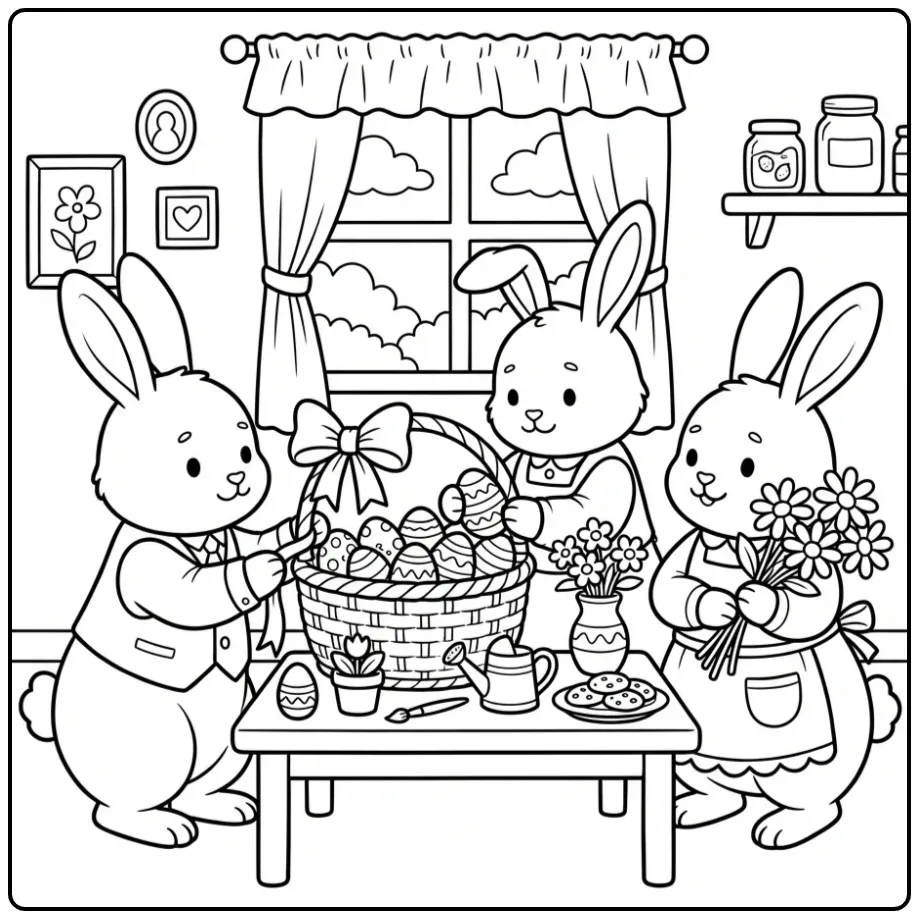 Gratis kleurplaat paashaas met mandje en bloemen.