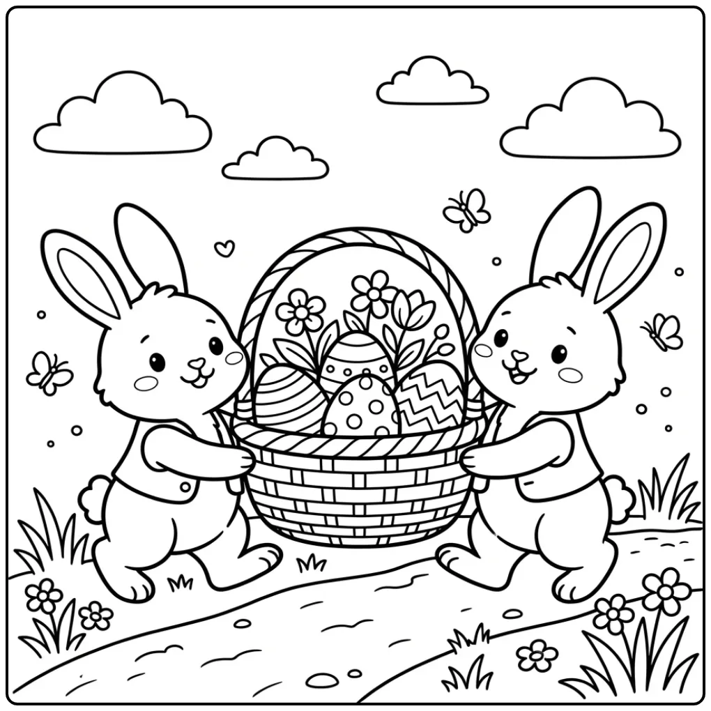 Twee konijnen op een kleurplaat paashaas met mandje.