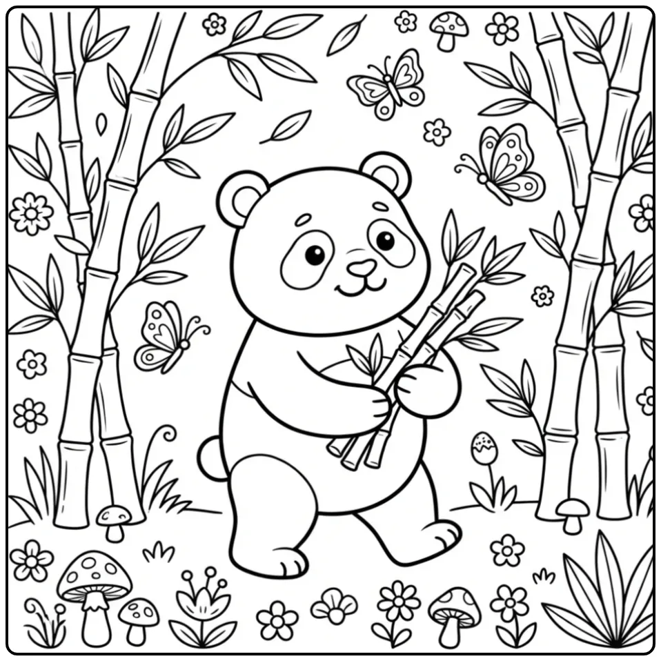 Schattige kleurplaat panda wandelt met bamboe in het bos.