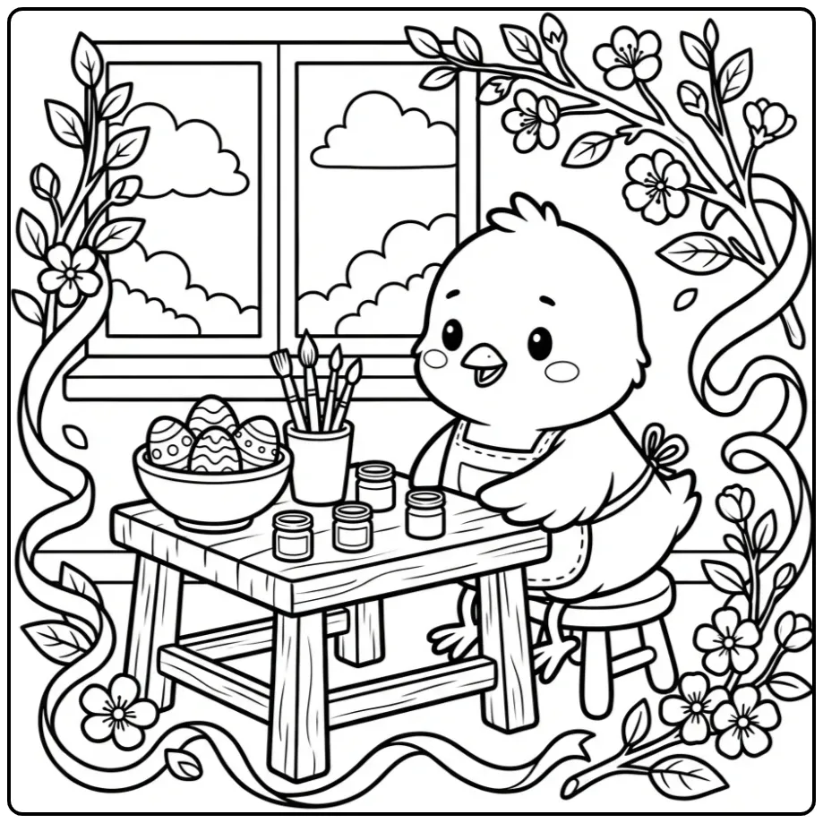 Een schattige kleurplaat pasen kuiken dat eieren schildert.