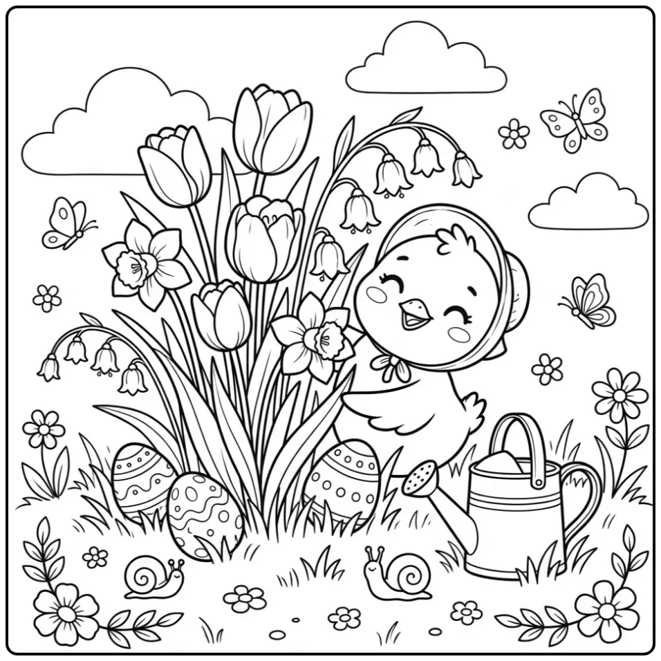 Schattige kleurplaat pasen kuiken zoekt eieren in de lente.