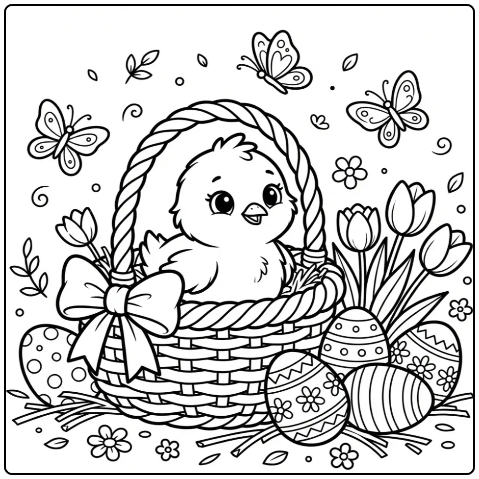 Schattige kleurplaat pasen kuiken in een mandje met eieren.