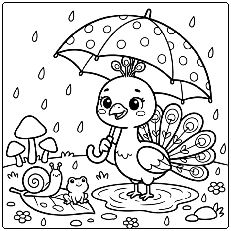 Schattige kleurplaat pauw met paraplu in de regen.