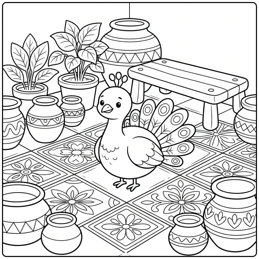 Een schattige kleurplaat pauw in een tuin met potten.