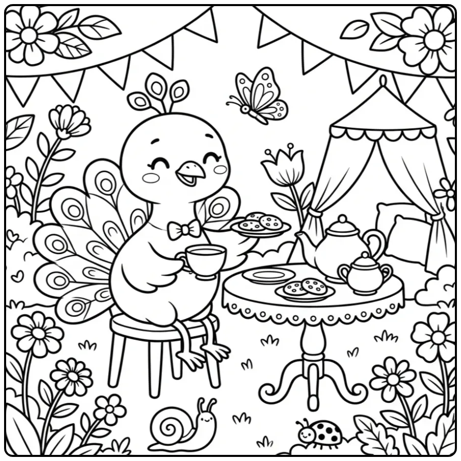 Schattige kleurplaat pauw met strikje aan de theetafel.