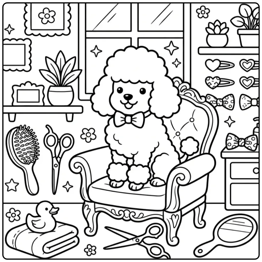 Schattige kleurplaat poedel in de hondenkapsalon.