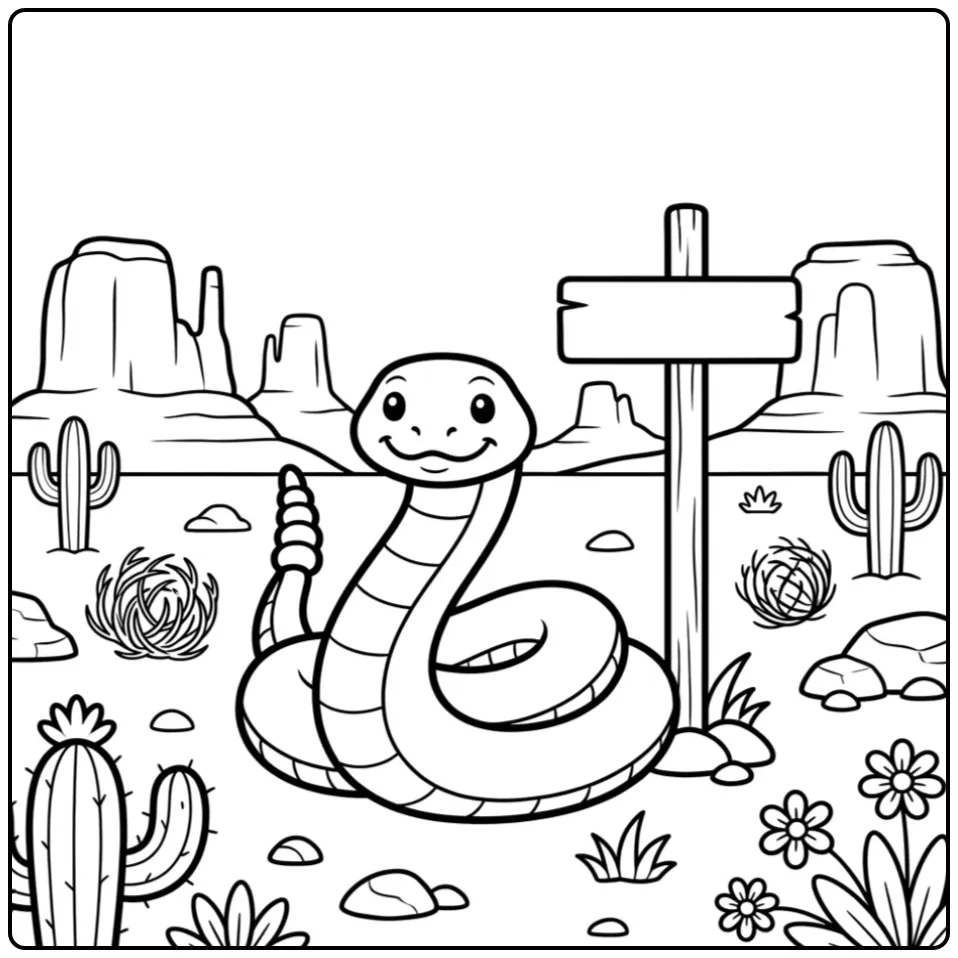 Schattige kleurplaat ratelslang in de woestijn.