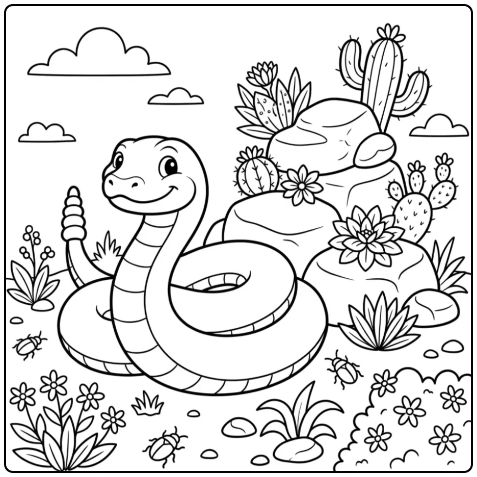 Schattige kleurplaat ratelslang in de woestijn.