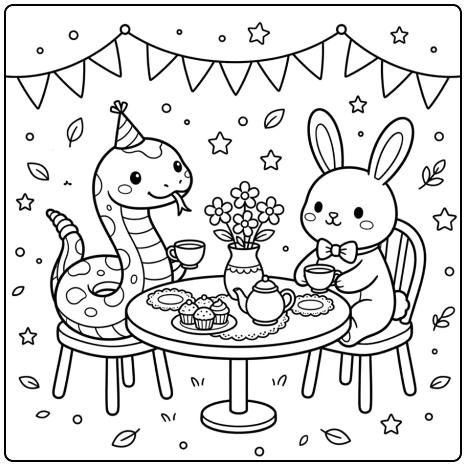 Schattige kleurplaat ratelslang tijdens een theekransje.