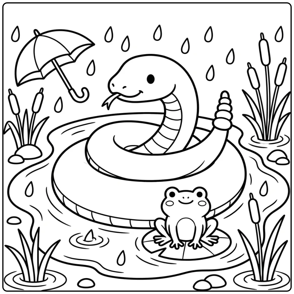 Een leuke kleurplaat ratelslang in een regenplas met een kikker.