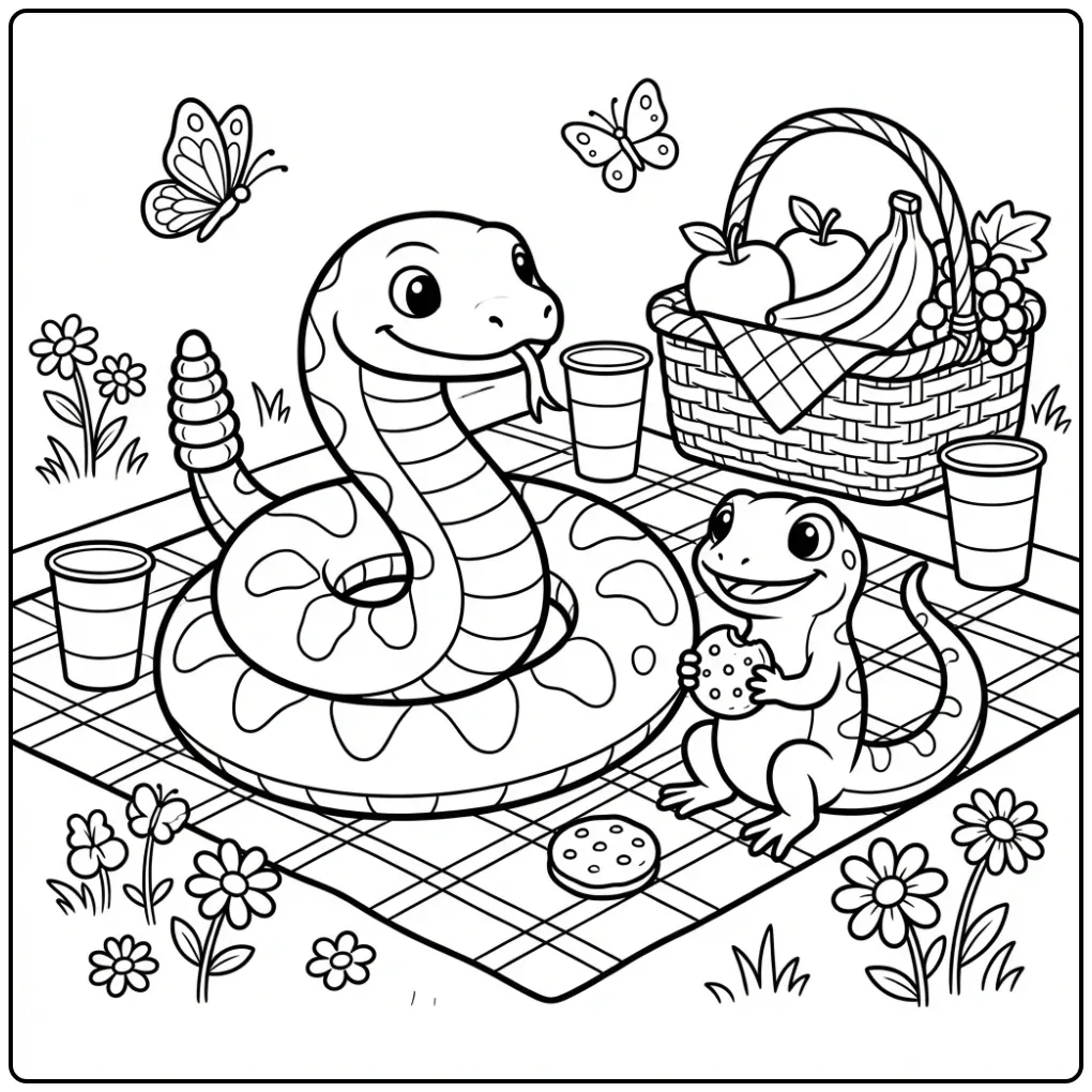 Schattige kleurplaat ratelslang opgerold als donut met hagedis.