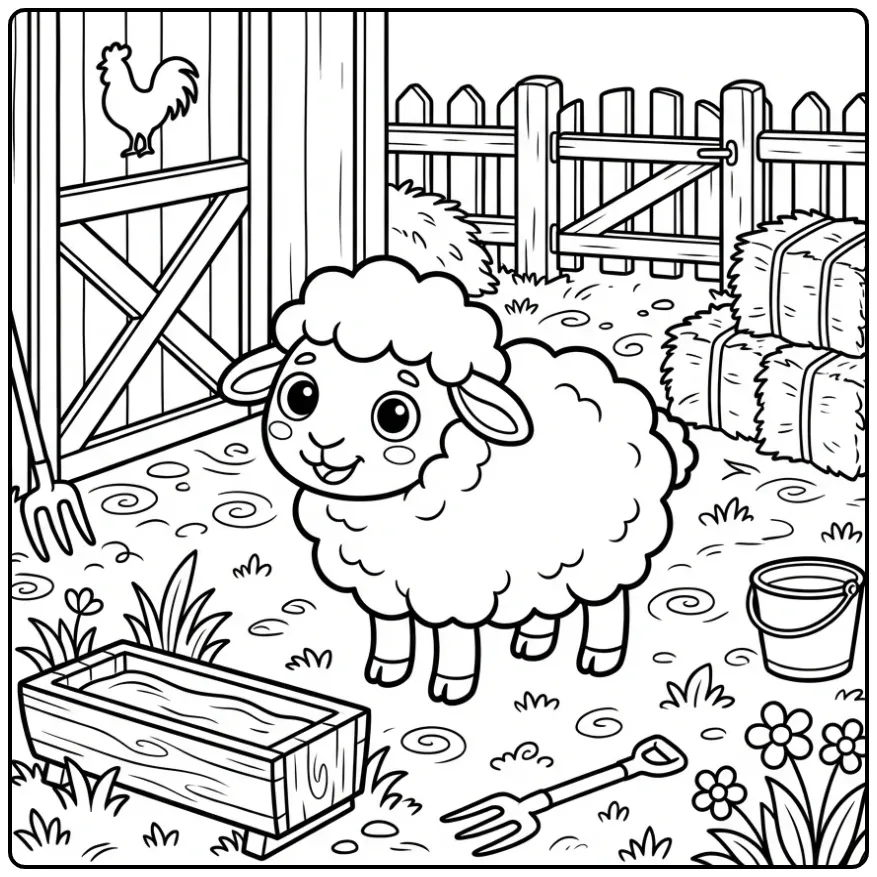 Een leuke kleurplaat schaap op de boerderij met hooi en hek.