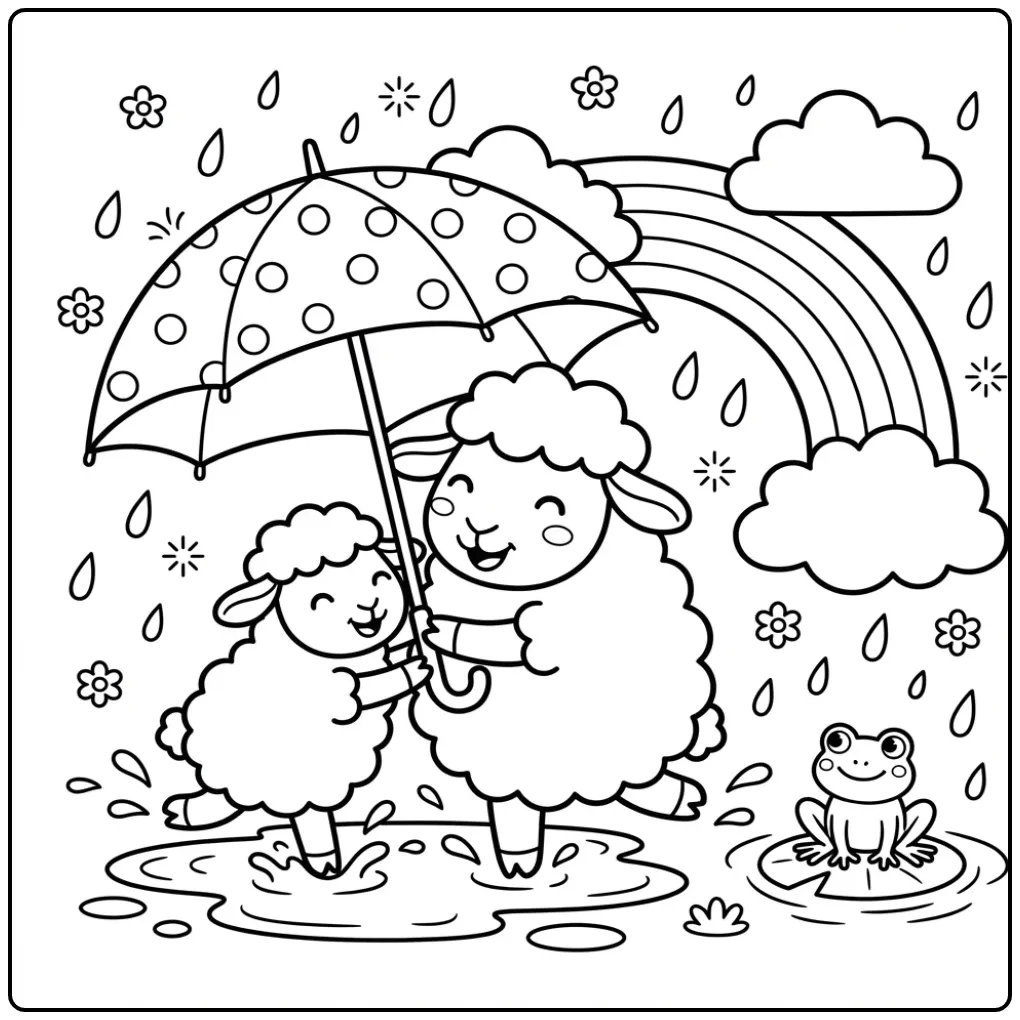 Kleurplaat schaap en lammetje onder een paraplu in de regen.