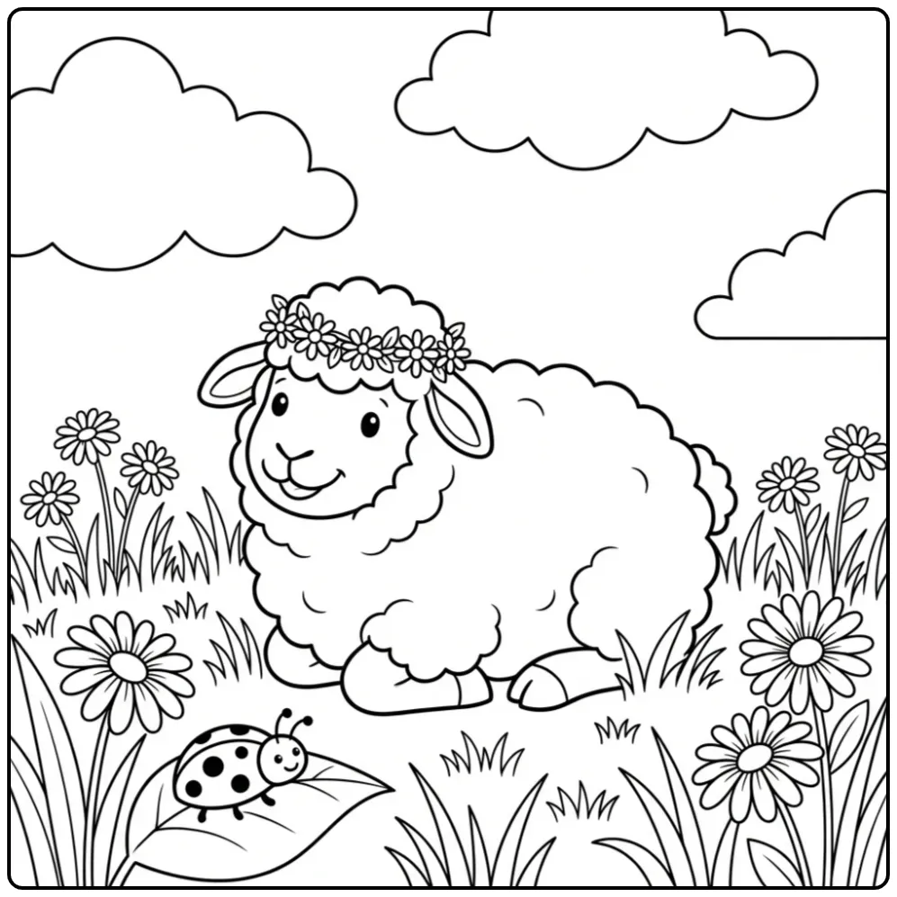 Schattige kleurplaat schaap met bloemenkroon in de wei.