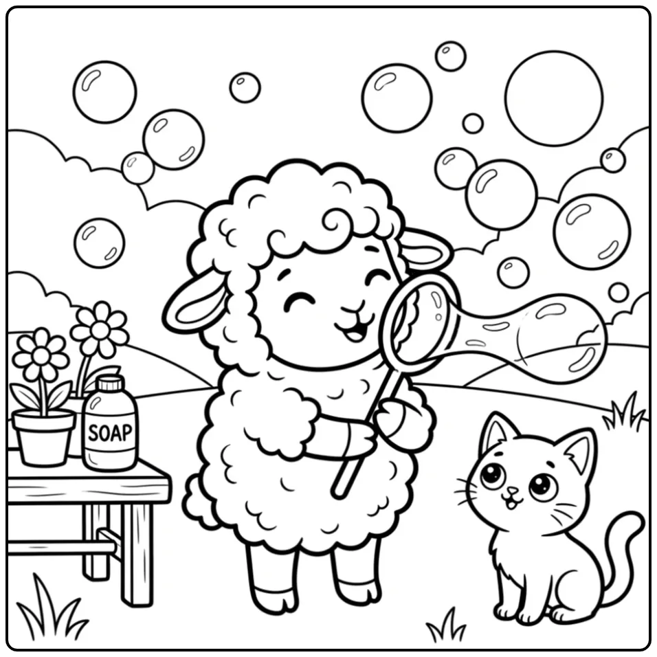 Schattige kleurplaat schaap dat bellen blaast met een poesje