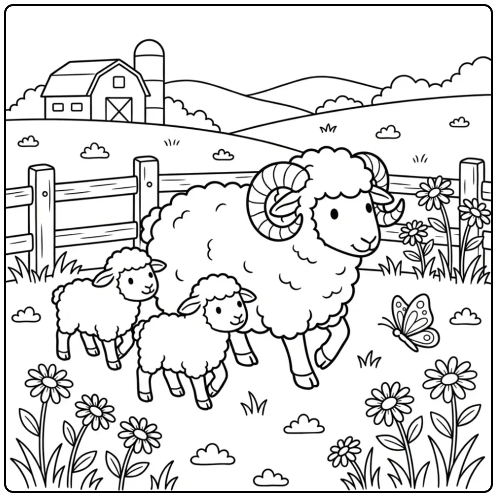 Een schattige kleurplaat schaap met lammetjes in de wei.