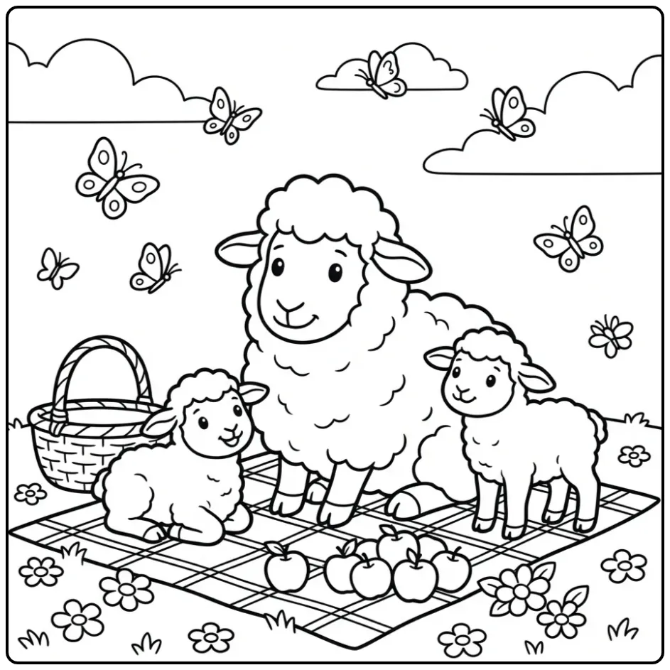 Schattige kleurplaat schaap met lammetjes tijdens een picknick.