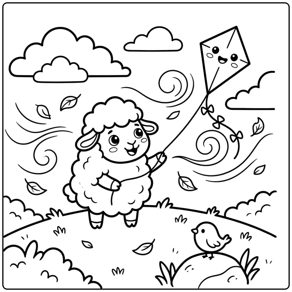 Schattige kleurplaat schaap vliegerend in de wind op een heuvel.