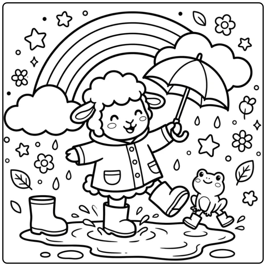 Schattige kleurplaat schaap met paraplu en regenlaarzen.