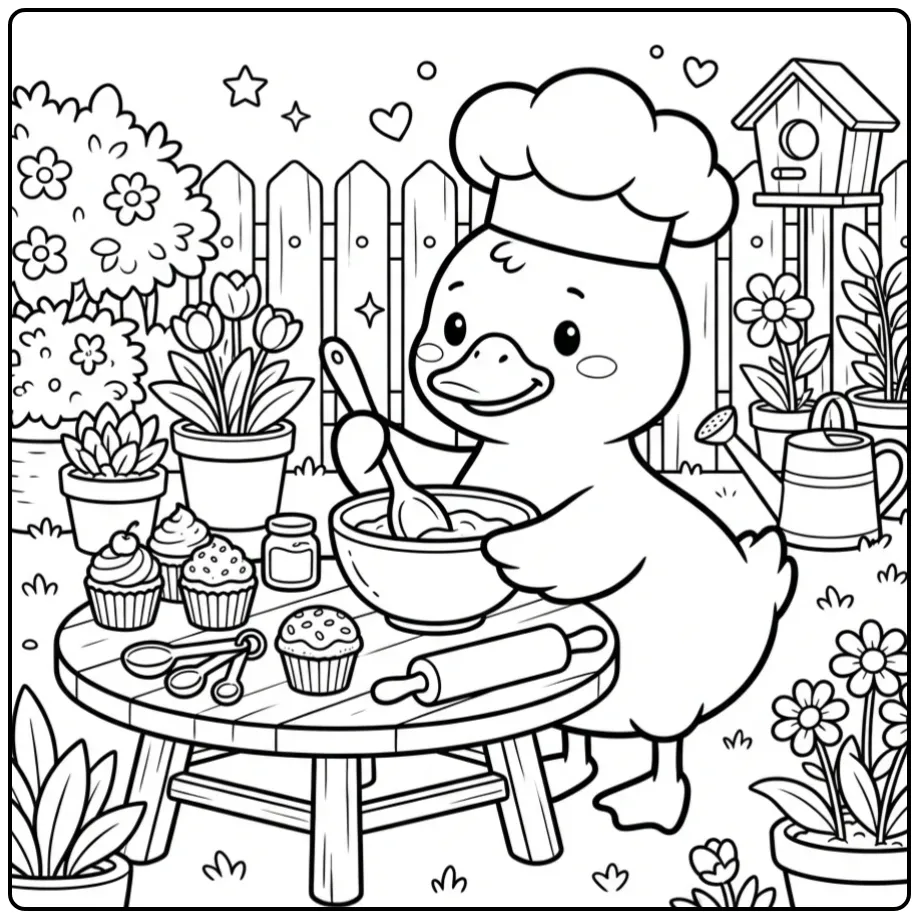 Kleurplaat schattig eendje met koksmuts en een mengkom.