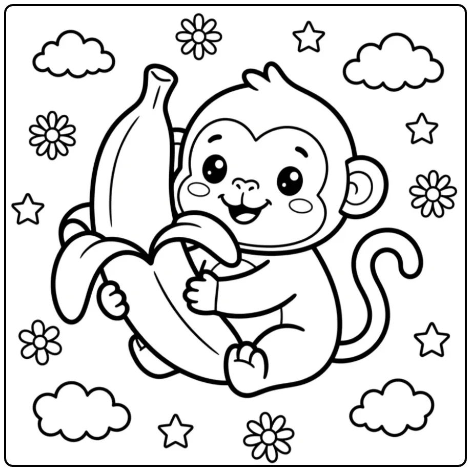 Kleurplaat schattige aap knuffelt een hartvormige banaan.