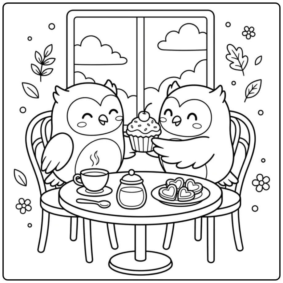 Kleurplaat schattige uiltjes delen samen een cupcake.