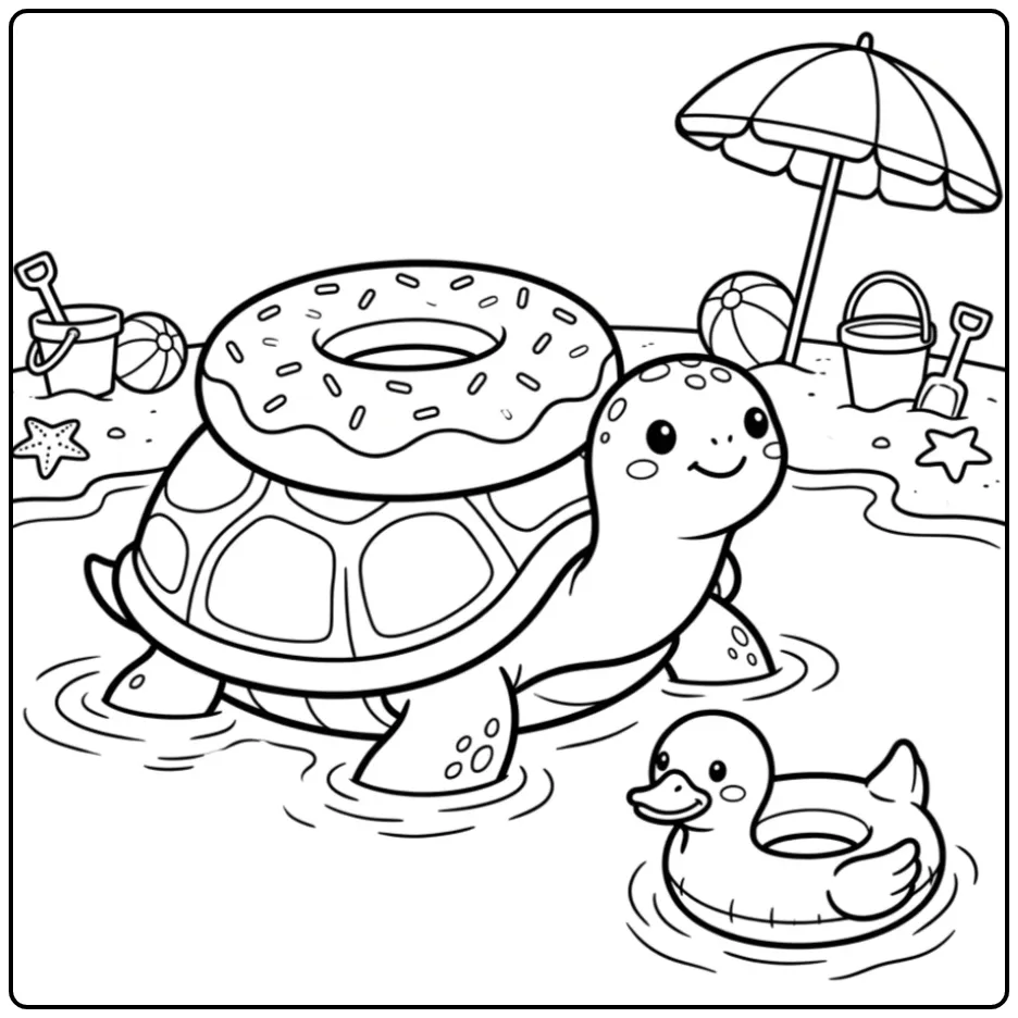 Leuke kleurplaat schildpad met zwemband in het water.